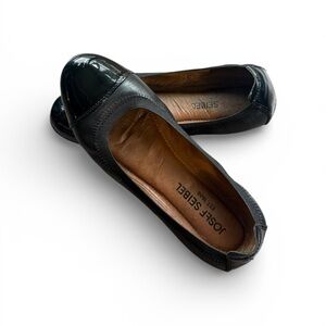 Josef Seibel “Floriana” Leather Flats w/ Patent Leather Cap Toe – Black